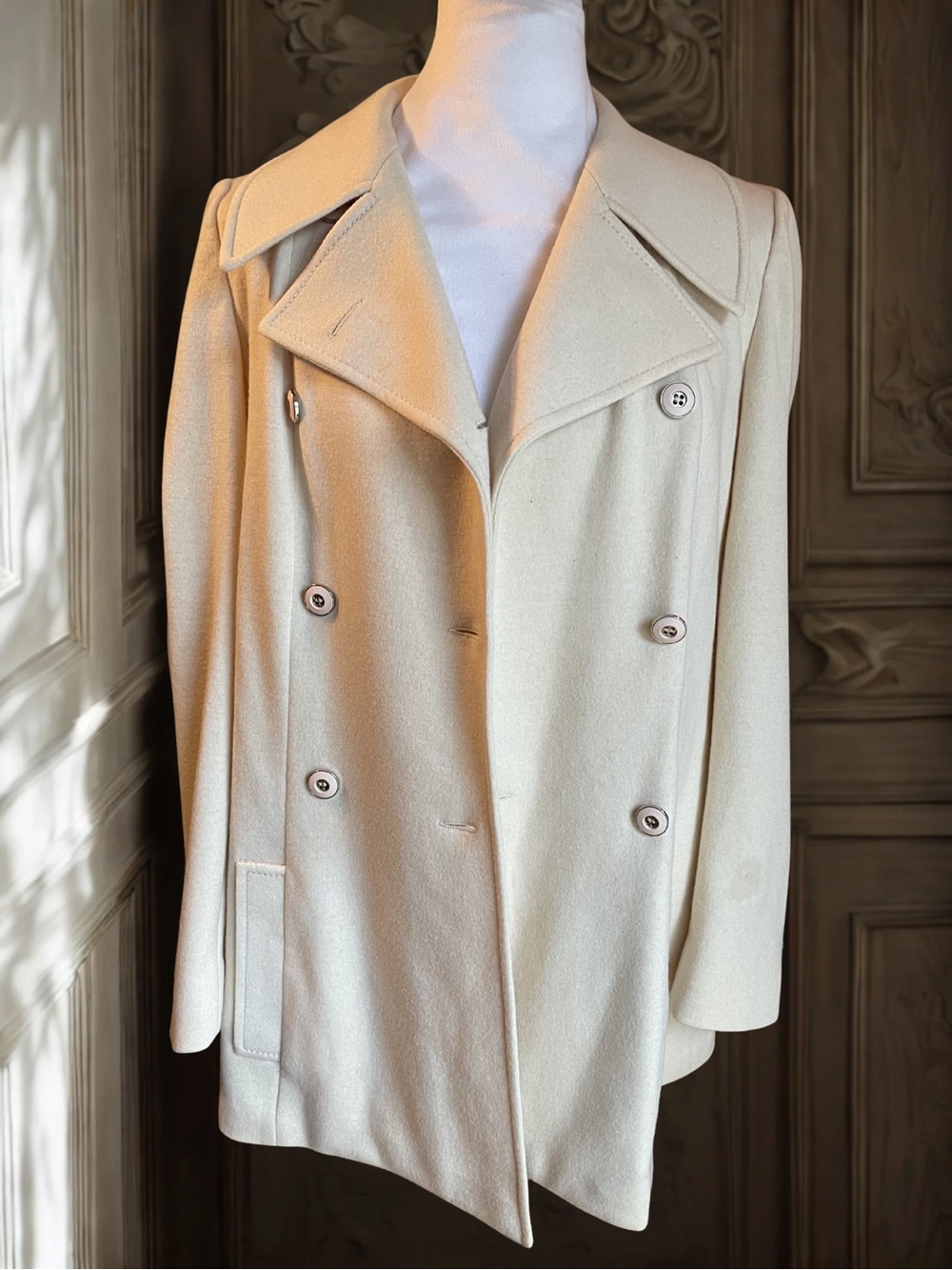 Vintage BLEYLE Women's 100% Wool Double Breasted Car Coat Jacket Cream Size 10 - Picture 8 of 14